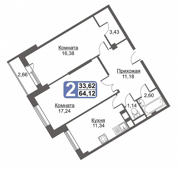 9 этаж 2-комнатн. 64.12 кв.м.