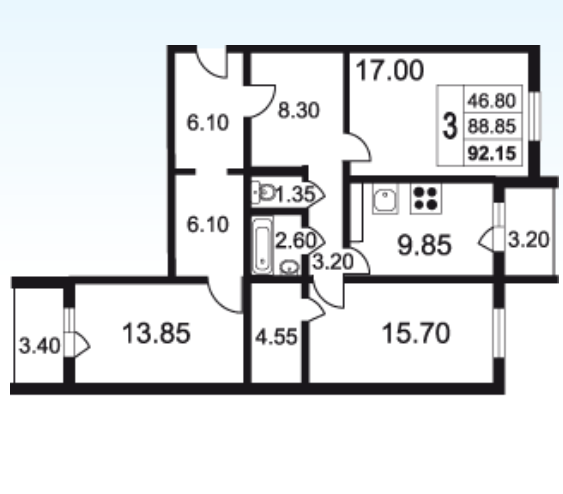 8 этаж 3-комнатн. 91.9 кв.м.