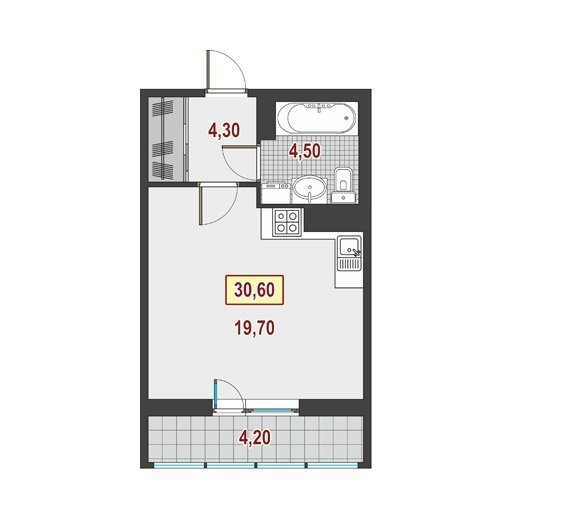 4 этаж 1-комнатн. 30.6 кв.м.