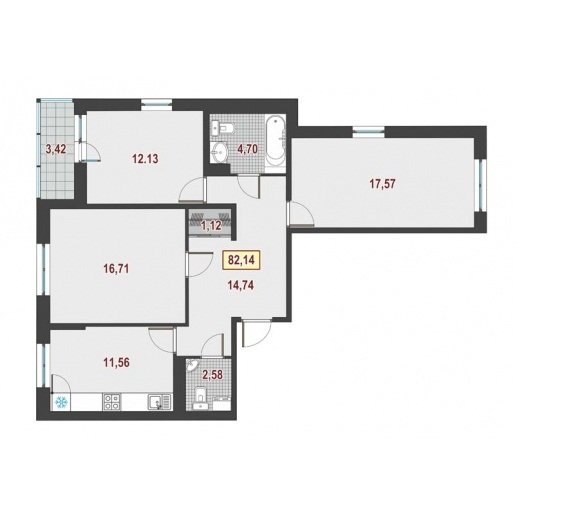 6 этаж 3-комнатн. 82.14 кв.м.