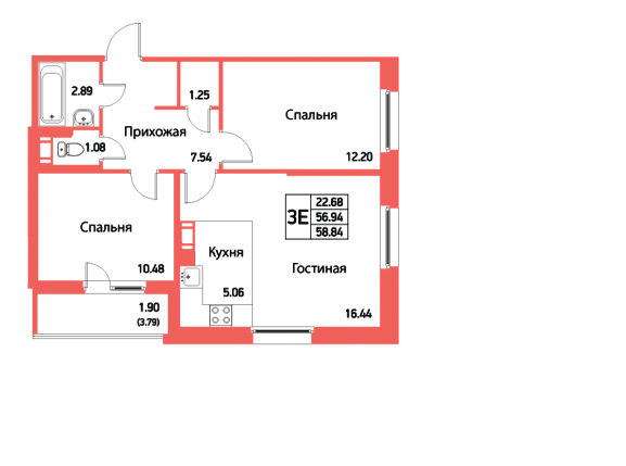 8 этаж 3-комнатн. 56.94 кв.м.