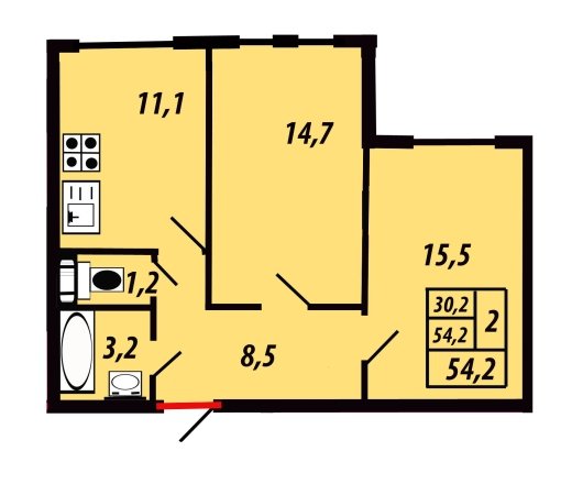 1 этаж 2-комнатн. 54.2 кв.м.