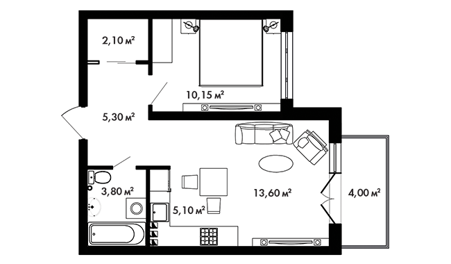 3 этаж 1-комнатн. 41.25 кв.м.