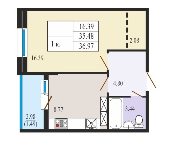 12 этаж 1-комнатн. 36.97 кв.м.