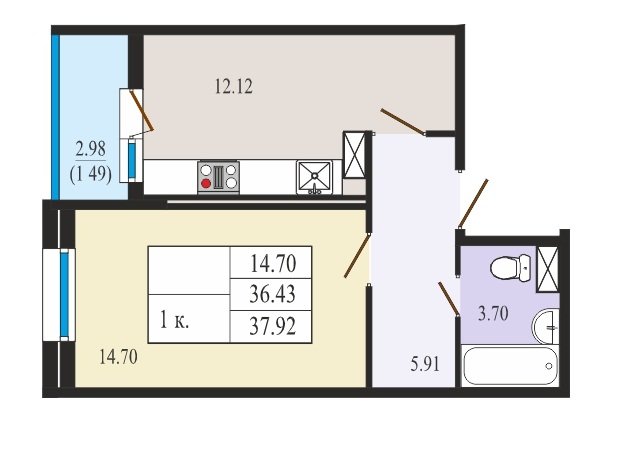 12 этаж 1-комнатн. 37.92 кв.м.