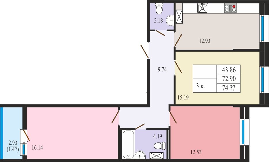 12 этаж 3-комнатн. 74.37 кв.м.