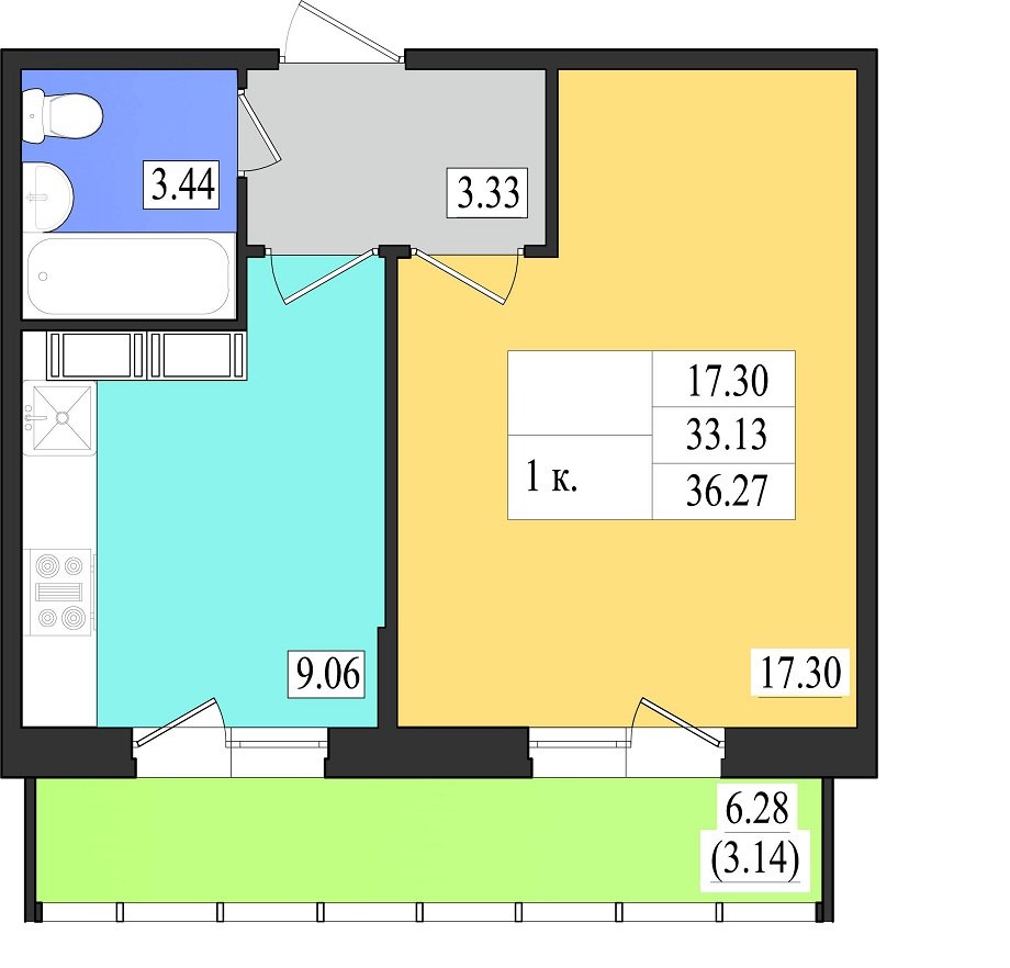 12 этаж 1-комнатн. 36.27 кв.м.