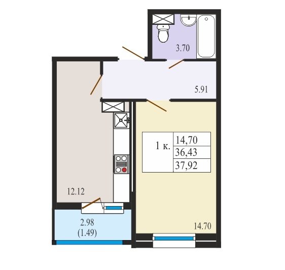 12 этаж 1-комнатн. 37.92 кв.м.