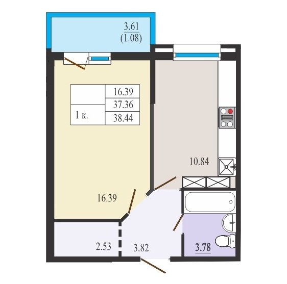 12 этаж 1-комнатн. 38.44 кв.м.