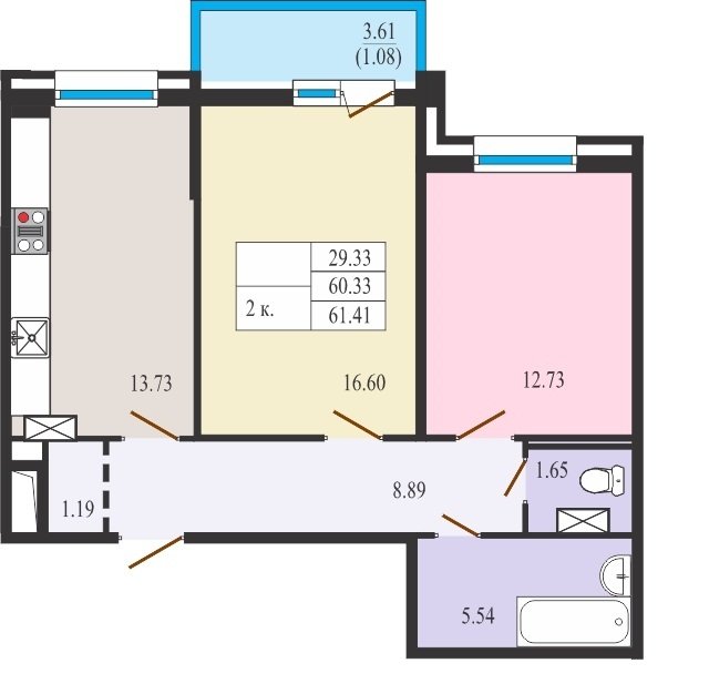 12 этаж 1-комнатн. 61.41 кв.м.