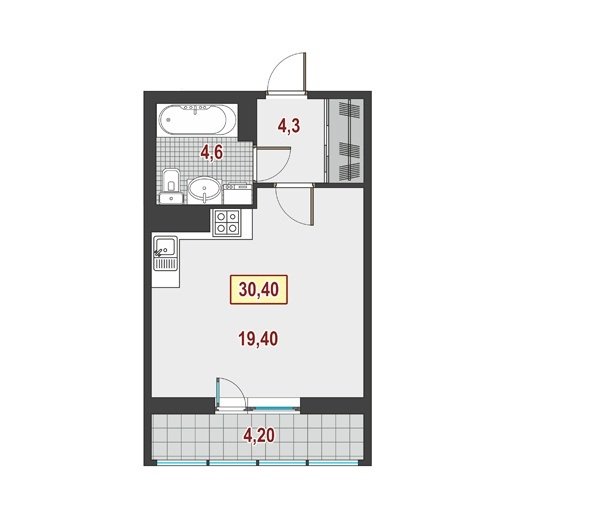 3 этаж 1-комнатн. 30.4 кв.м.