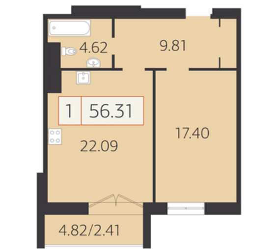 7 этаж 1-комнатн. 56.31 кв.м.