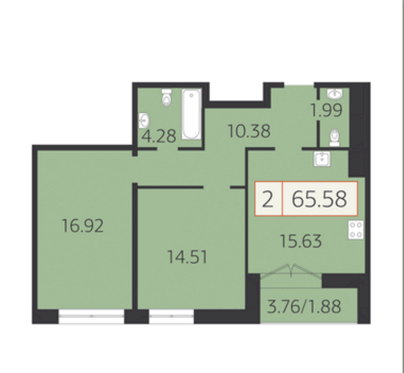 8 этаж 2-комнатн. 65.58 кв.м.
