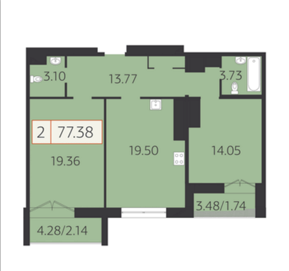 12 этаж 2-комнатн. 77.38 кв.м.
