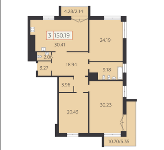 12 этаж 3-комнатн. 150.19 кв.м.