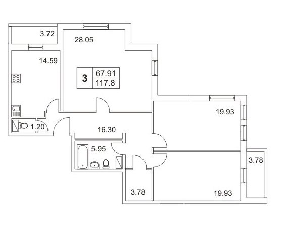 4 этаж 3-комнатн. 117.8 кв.м.