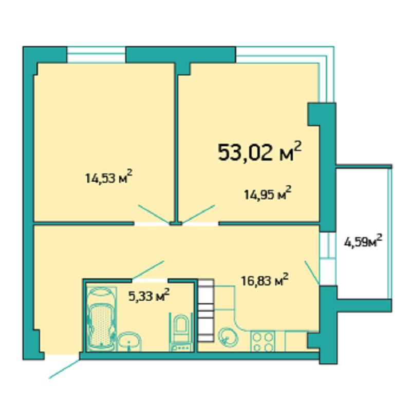 6 этаж 2-комнатн. 53.02 кв.м.