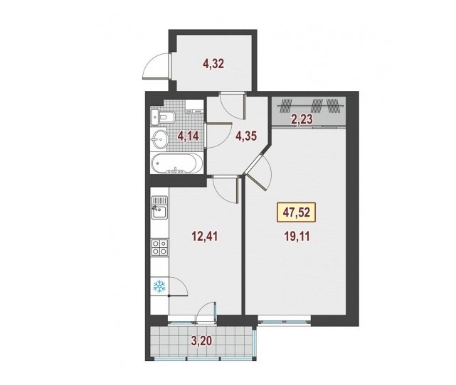 19 этаж 1-комнатн. 47.52 кв.м.