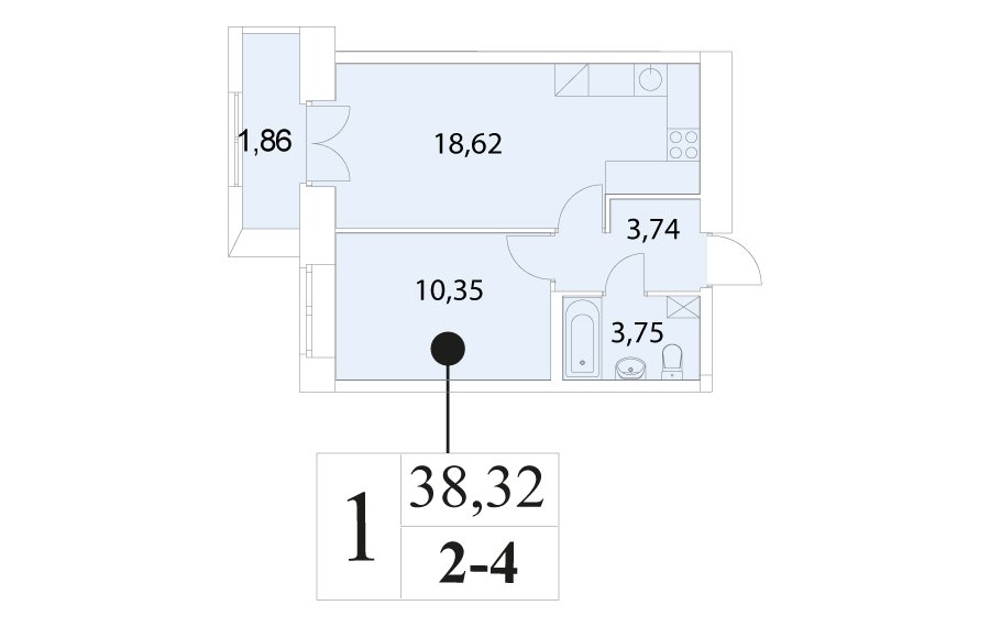 9 этаж 1-комнатн. 38.32 кв.м.