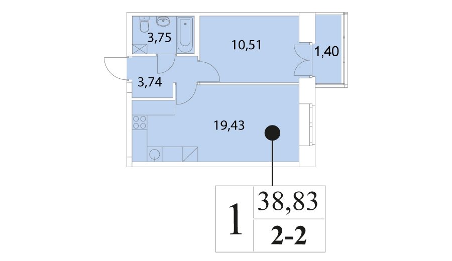 9 этаж 1-комнатн. 38.83 кв.м.