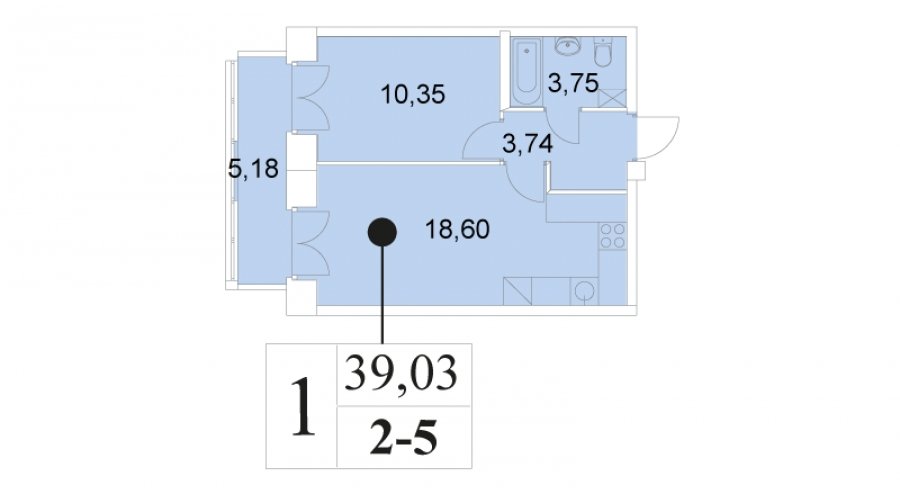 2 этаж 1-комнатн. 39.03 кв.м.