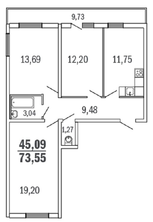 1 этаж 3-комнатн. 73.55 кв.м.