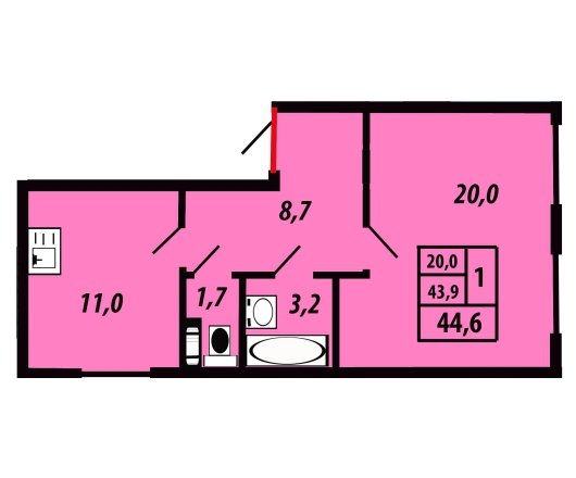 1 этаж 1-комнатн. 44.6 кв.м.