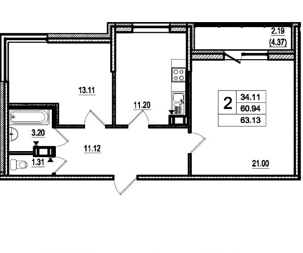 4 этаж 2-комнатн. 63.13 кв.м.