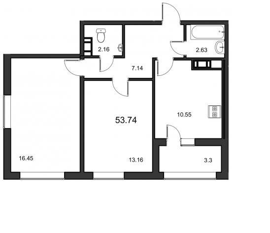 3 этаж 2-комнатн. 53.74 кв.м.