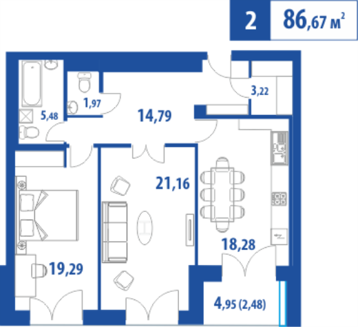 2 этаж 2-комнатн. 86.7 кв.м.