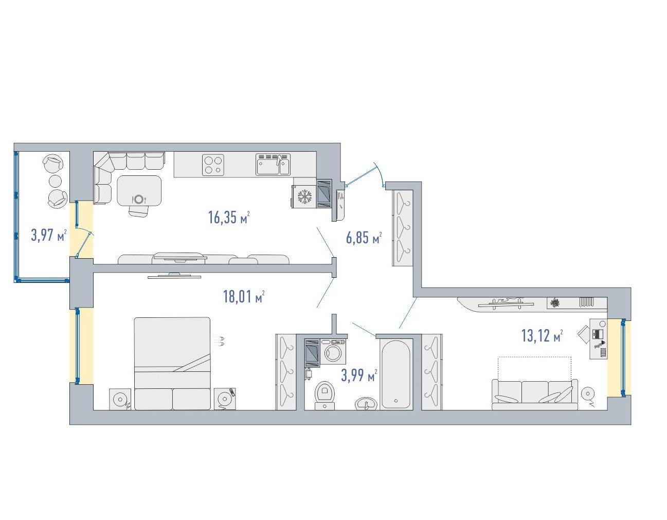 3 этаж 2-комнатн. 62.29 кв.м.