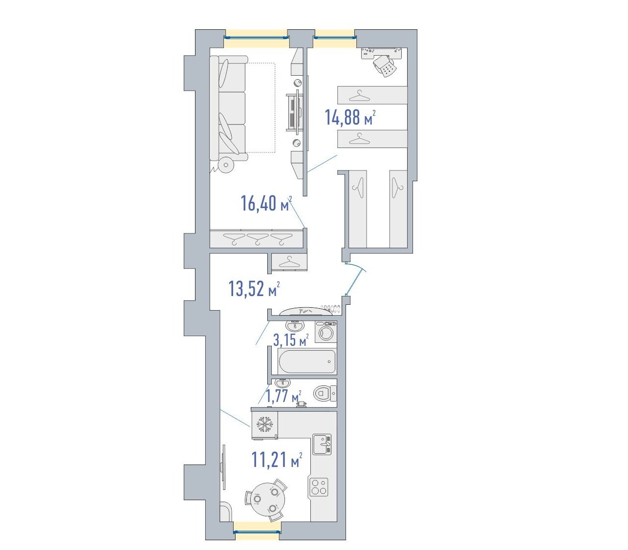 1 этаж 1-комнатн. 60.93 кв.м.