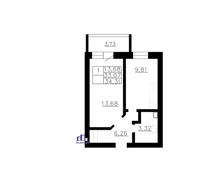 2 этаж 1-комнатн. 34.31 кв.м.