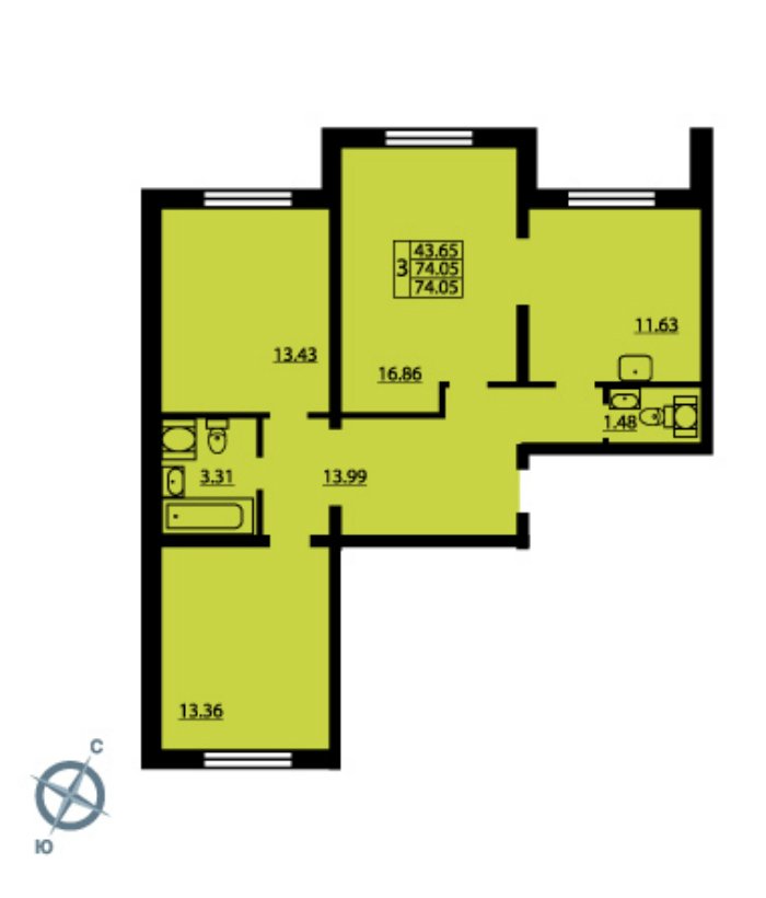 1 этаж 3-комнатн. 74.05 кв.м.