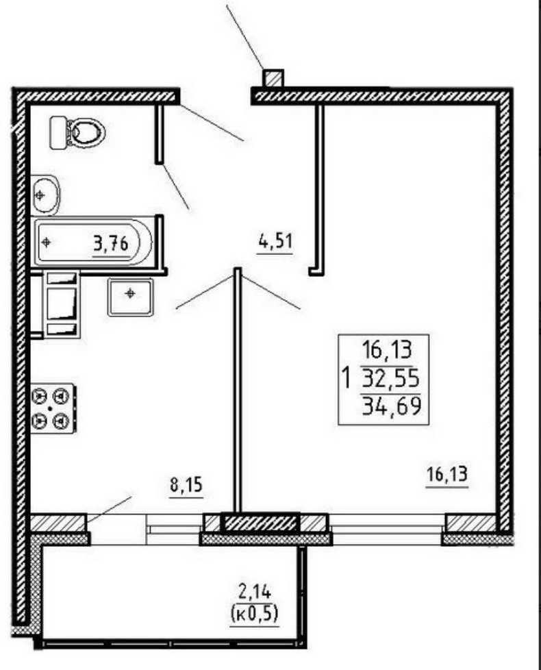 11 этаж 1-комнатн. 34.69 кв.м.