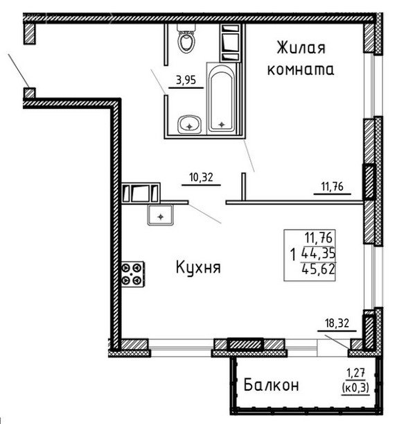 3 этаж 2-комнатн. 46 кв.м.