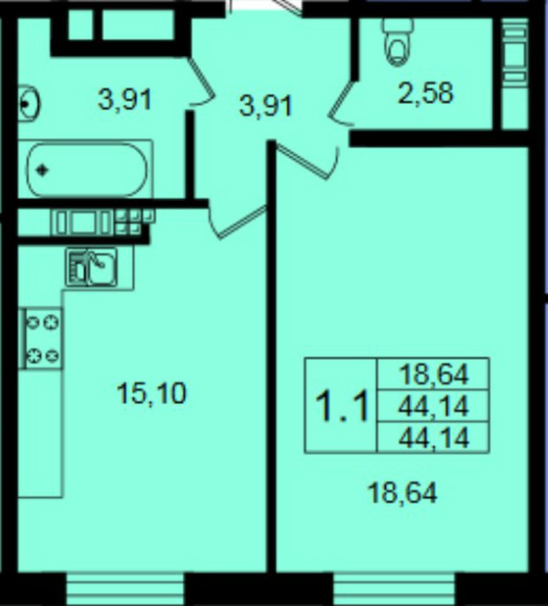 1 этаж 1-комнатн. 44.14 кв.м.