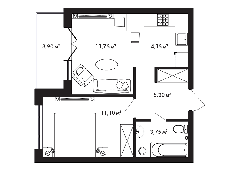 2 этаж 1-комнатн. 37.09 кв.м.