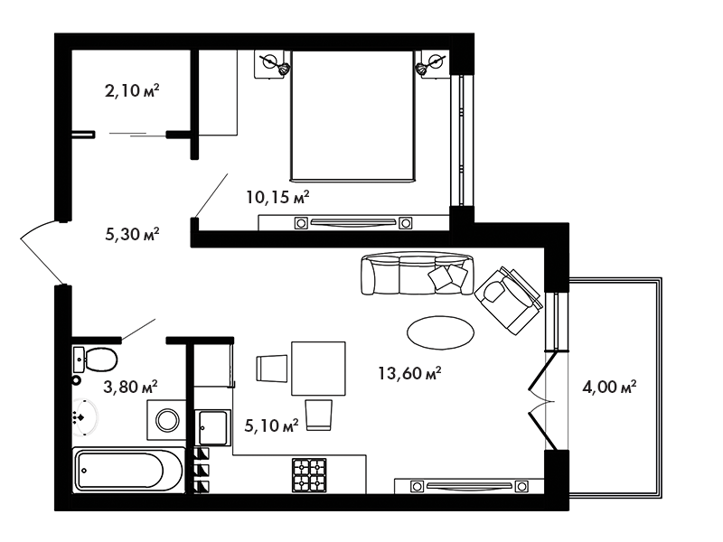 2 этаж 1-комнатн. 41.25 кв.м.