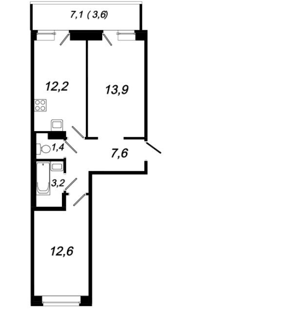 9 этаж 2-комнатн. 54.5 кв.м.