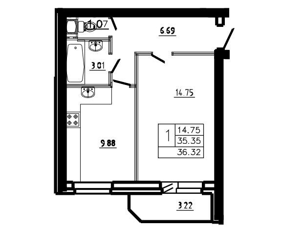 1 этаж 1-комнатн. 35.35 кв.м.