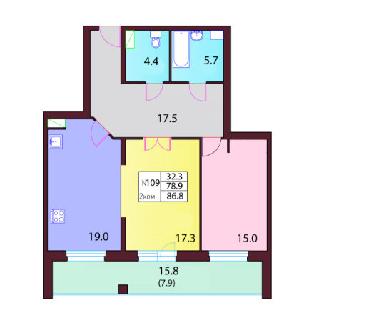 16 этаж 2-комнатн. 86.8 кв.м.