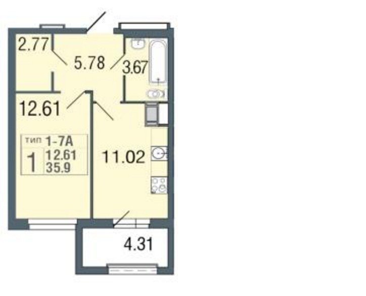 4 этаж 1-комнатн. 35.9 кв.м.
