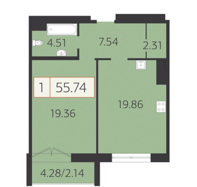 5 этаж 1-комнатн. 55.74 кв.м.