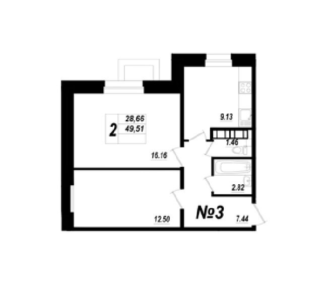 1 этаж 2-комнатн. 49.51 кв.м.