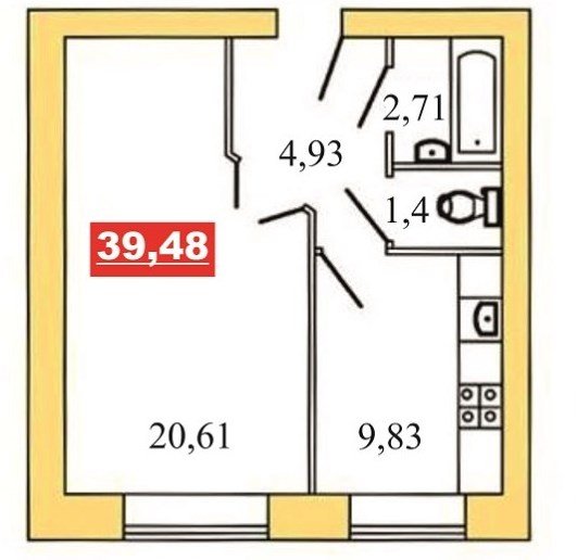 1 этаж 1-комнатн. 39.48 кв.м.