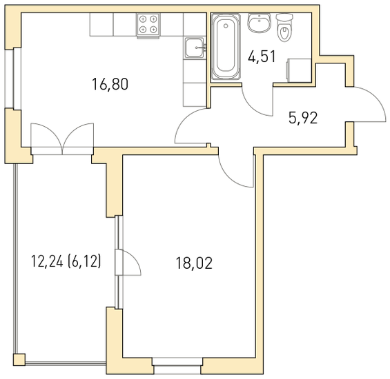 2 этаж 1-комнатн. 51.29 кв.м.