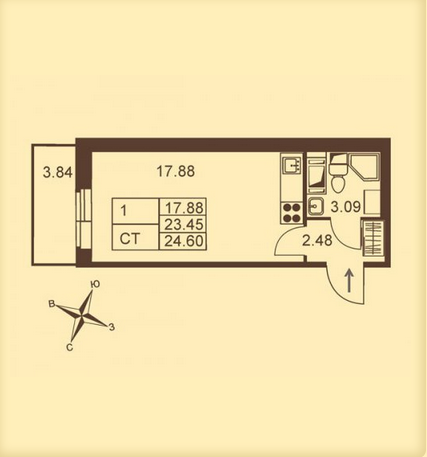 2 этаж 1-комнатн. 24.66 кв.м.