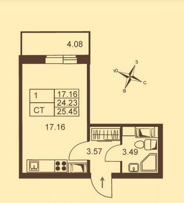 2 этаж 1-комнатн. 25.79 кв.м.