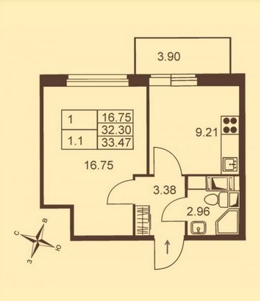 3 этаж 1-комнатн. 34.98 кв.м.